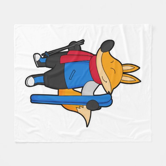 Fox als skiër met skiën fleece deken (Voorkant (Horizontaal))