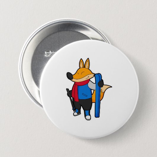Fox als skiër met skiën ronde button 7,6 cm (Voorkant /achterkant)