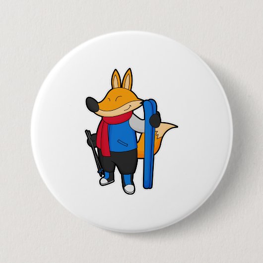Fox als skiër met skiën ronde button 7,6 cm (Voorkant)