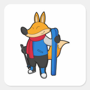 Fox als skiër met skiën vierkante sticker
