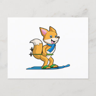 Fox als skiër met skipolen briefkaart