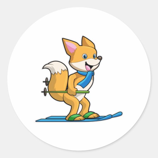 Fox als skiër met skipolen ronde sticker (Voorkant)