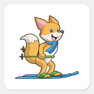 Fox als skiër met skipolen vierkante sticker