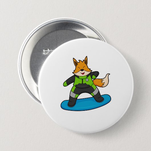 Fox als Snowboarder met Snowboard Ronde Button 7,6 Cm (Voorkant /achterkant)