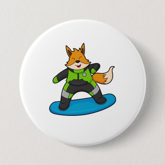 Fox als Snowboarder met Snowboard Ronde Button 7,6 Cm (Voorkant)