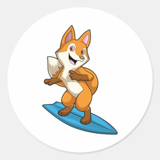 Fox als surfer met surfboard ronde sticker (Voorkant)
