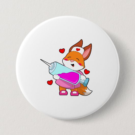 Fox als verpleegster met spuit ronde button 7,6 cm (Voorkant)