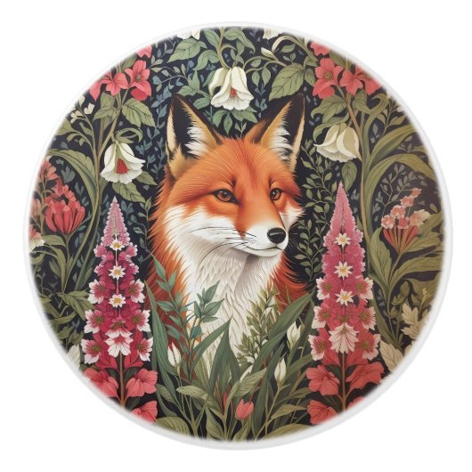 Fox and Foxglove Flowers William Morris Inspired Keramische Knop (Voorkant)