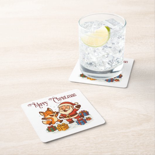 Fox and Santa Christmas Paper Coaster Kartonnen Onderzetters (Insitu)