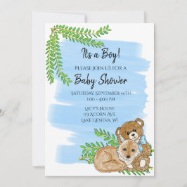 Fox and Teddy Bear and Greenery Boy's Baby shower Kaart