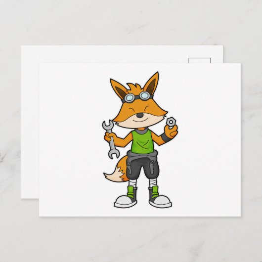 Fox as Mechanic with Wrench & Nut Briefkaart (Voorkant / Achterkant)