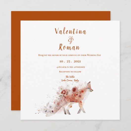 Fox & Autumn Florals Wedding Invitation Kaart (Voorkant / Achterkant)