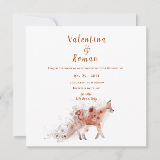 Fox & Autumn Florals Wedding Invitation Kaart (Voorkant)