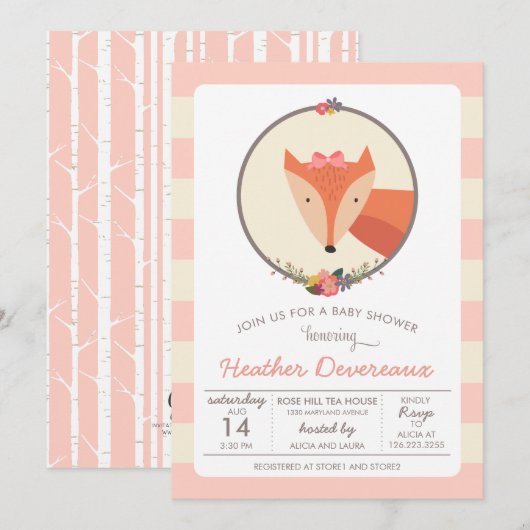 Fox Baby Girl Baby shower Kaart (Voorkant / Achterkant)