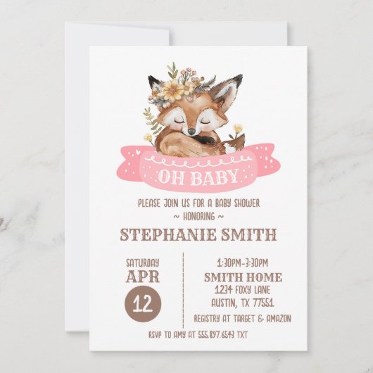 Fox Baby shower Baby Girl Invitation Kaart (Voorkant)