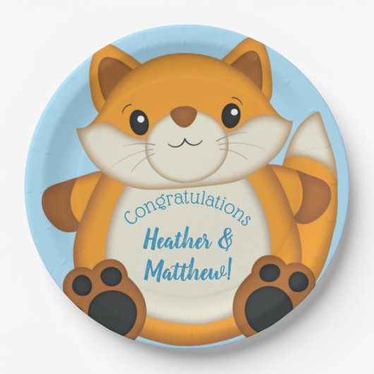 Fox Baby shower Blue Papieren Bordje (Voorkant)