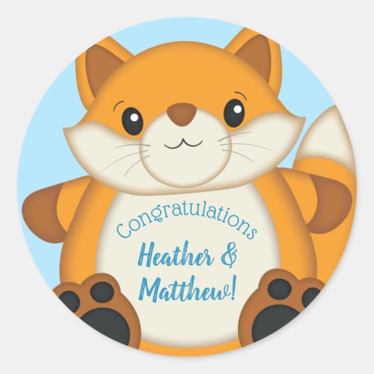 Fox Baby shower Blue Ronde Sticker (Voorkant)