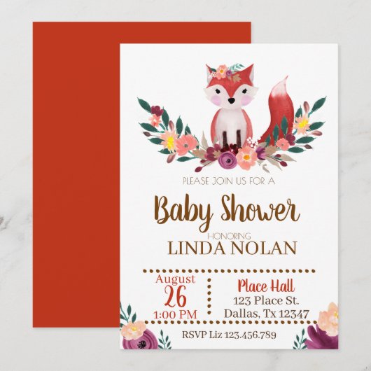 Fox Baby shower Invitation Animal Party Kaart (Voorkant / Achterkant)