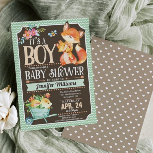 Fox Baby shower Invitation, Woodland Boy Kaart