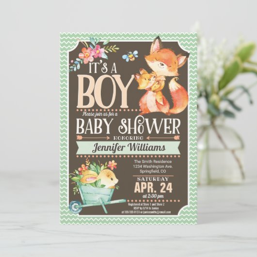 Fox Baby shower Invitation, Woodland Boy Kaart (Staand voorkant)