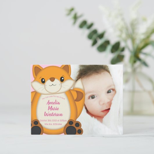 Fox Baby shower Roze Briefkaart (Staand voorkant)