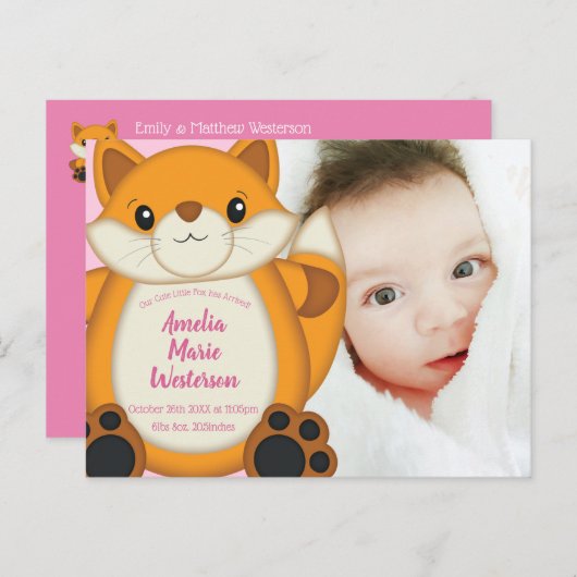 Fox Baby shower Roze Briefkaart (Voorkant / Achterkant)
