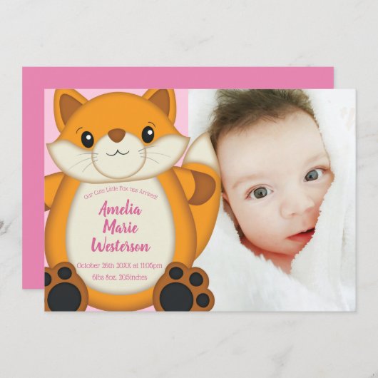 Fox Baby shower Roze Kaart (Voorkant / Achterkant)