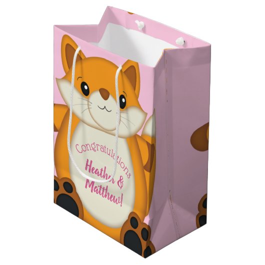 Fox Baby shower Roze Medium Cadeauzakje (Voorkant Gekanteld)