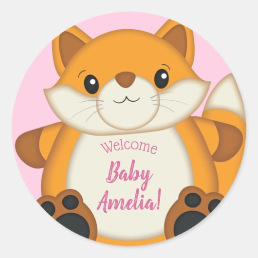 Fox Baby shower Roze Ronde Sticker (Voorkant)