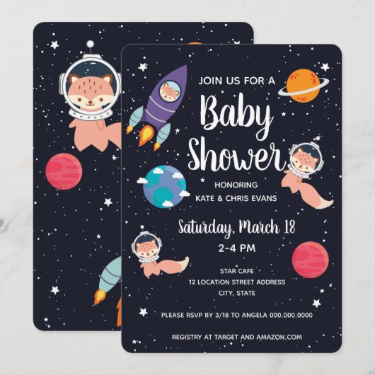 Fox Baby shower Space Navy Galaxy Baby shower Kaart (Voorkant / Achterkant)