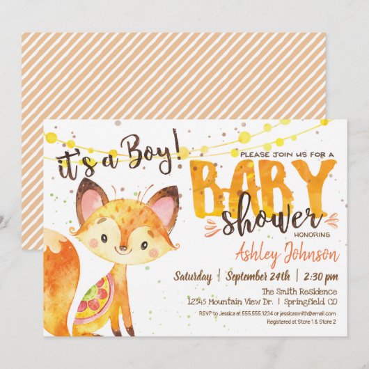 Fox Baby shower Woodland Invitation Boy Kaart (Voorkant / Achterkant)