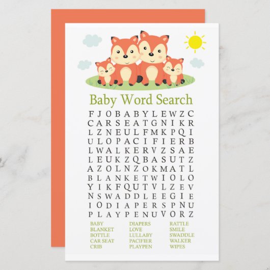 Fox Baby shower Word Search Game (Voorkant / Achterkant)