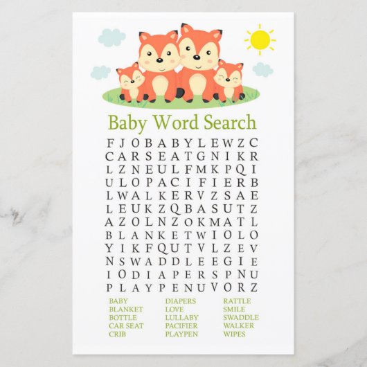 Fox Baby shower Word Search Game (Voorkant)