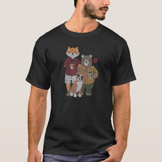 Fox Bear Drink Coffee Cute Animals Family Valentin T-shirt (Voorkant)