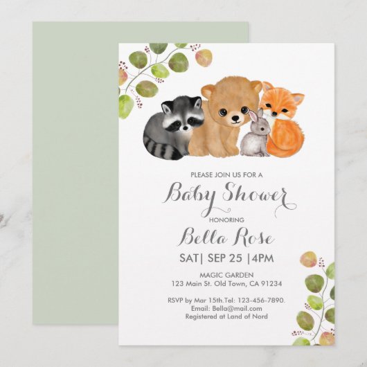 Fox Beer Raccoon Bunny Baby Shower Invitaties Kaart (Voorkant / Achterkant)