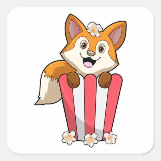 Fox bij Eating met Popcorn Vierkante Sticker (Voorkant)