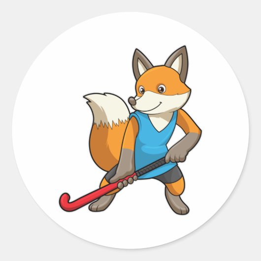 Fox bij Hockey met Hockey bat Ronde Sticker (Voorkant)