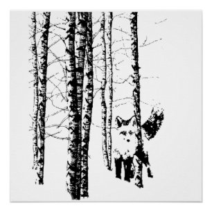 Fox Birch Tree Forest Animal Silhouette Natuur Art Poster