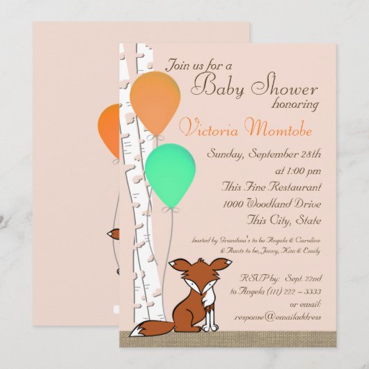 Fox Birch Tree Woodland Baby shower Kaart (Voorkant / Achterkant)