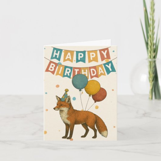 Fox Birthday Kaart - Schattige feestdier met ballo (Voorkant)