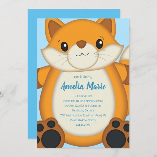 Fox Birthday Party Blue Kaart (Voorkant / Achterkant)