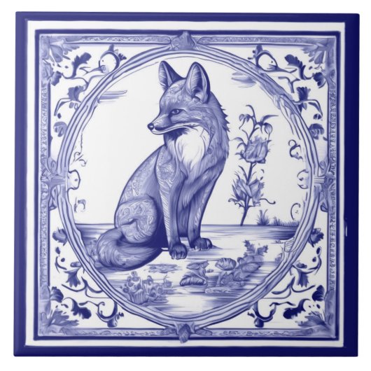 Fox Blauw en Wit Aziatisch Stijl Folk Animal Art Tegeltje (Voorkant)