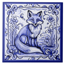 Fox Blauw en Wit Mediterraans Folk Animal Art Tegeltje