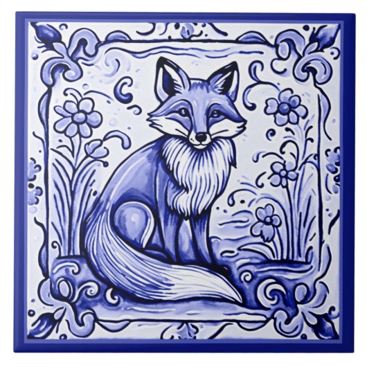 Fox Blauw en Wit Mediterraans Folk Animal Art Tegeltje (Voorkant)
