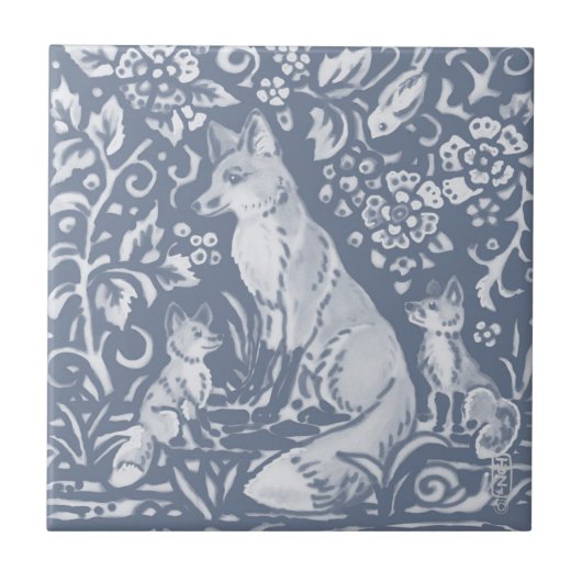 Fox Blue White Botanical Forest Painting Tegeltje (Voorkant)