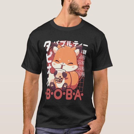 Fox Boba Tea Kawaii Bubble Tea Fox Anime Neko Red T-shirt (Voorkant)