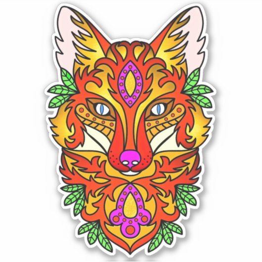 Fox boho abstracte kunst wolf paarse rood geel sticker (Voorkant)