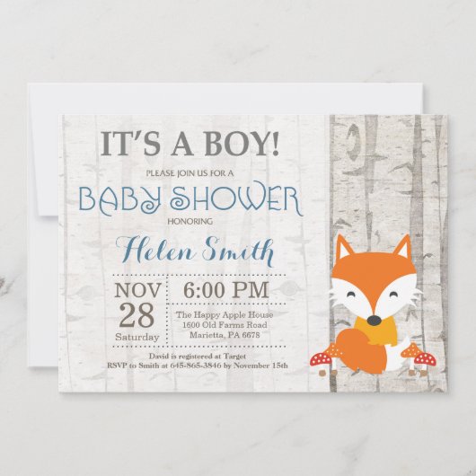Fox Boy Baby shower Invitation Rustic Woodland Kaart (Voorkant)