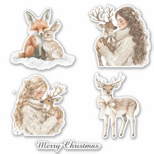 Fox Bunny Deer Girl Christmas Sticker (Voorkant)