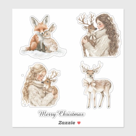 Fox Bunny Deer Girl Christmas Sticker (Vel)